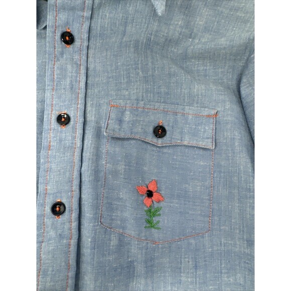 Vintage 60s/70s Hand Embroidered Chambray Shirt Palm Tree Sears Put-on Shop - Picture 9 of 14